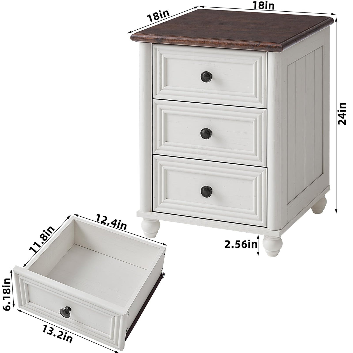 RWYHG 18" Farmhouse Night Stand, White Wood Nightstand with 3 Drawers, Bedside End Table with Storage and Roman Column, Bed Side Tables Cabinet for Bedroom, Living Room, and Closet RWYHG