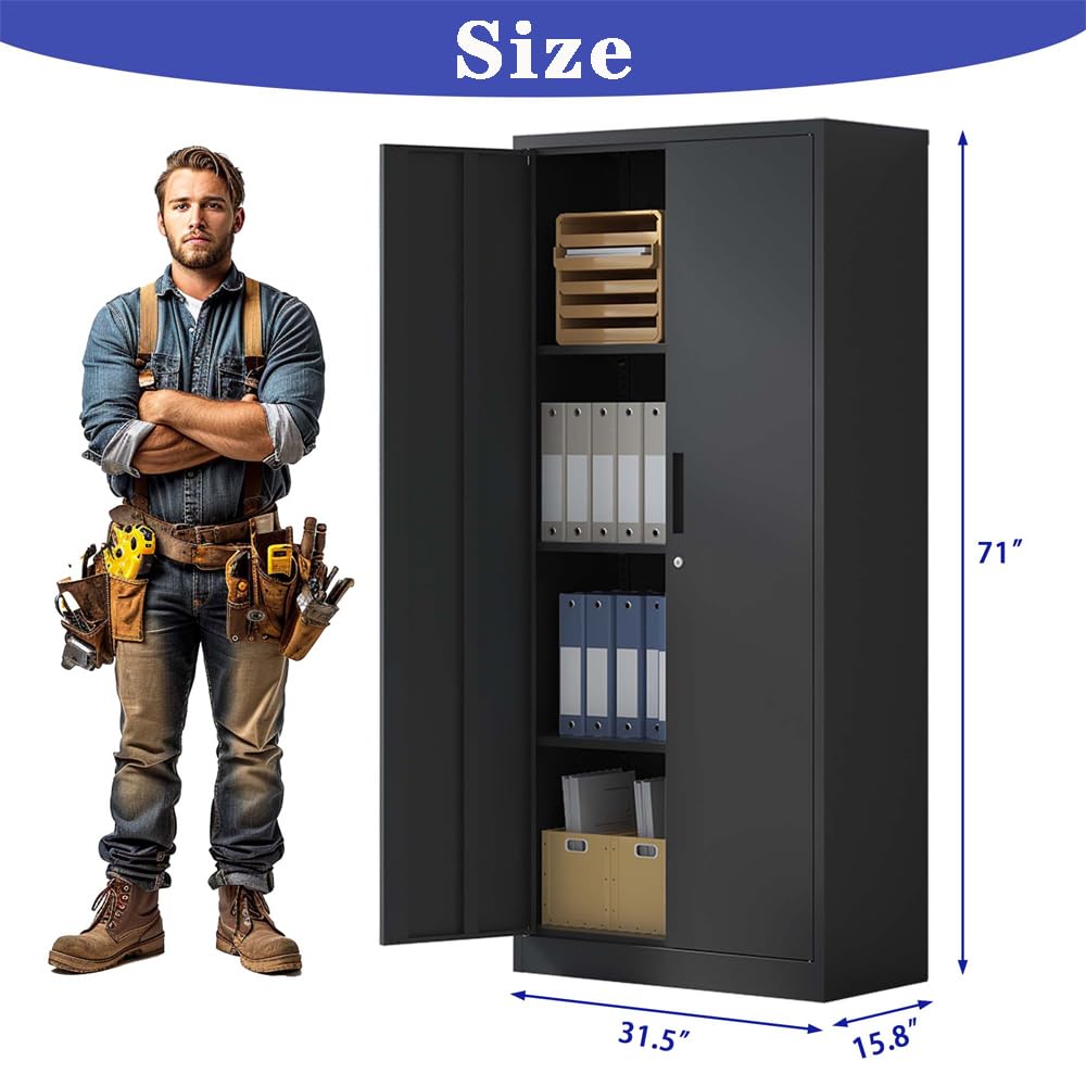 Lockable Cabinet Metal Storage Cabinet, 69" Locking Metal Storage Cabinet with 3 Adjustable Shelves,Black Metal Cabinet with 2 Doors and Lock for Office, Garage, Home (Black, 69") HomJoones