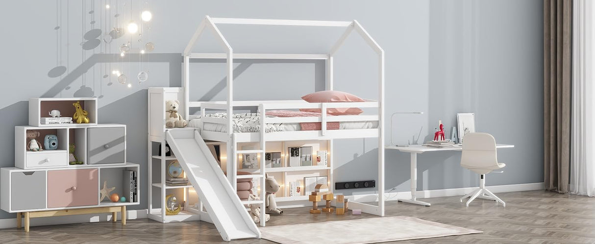 Twin Size Wood House Loft Bed Frame for Boys Girls Kids Adults Toddler with Slide, Storage Shelves and Light, White Flieks