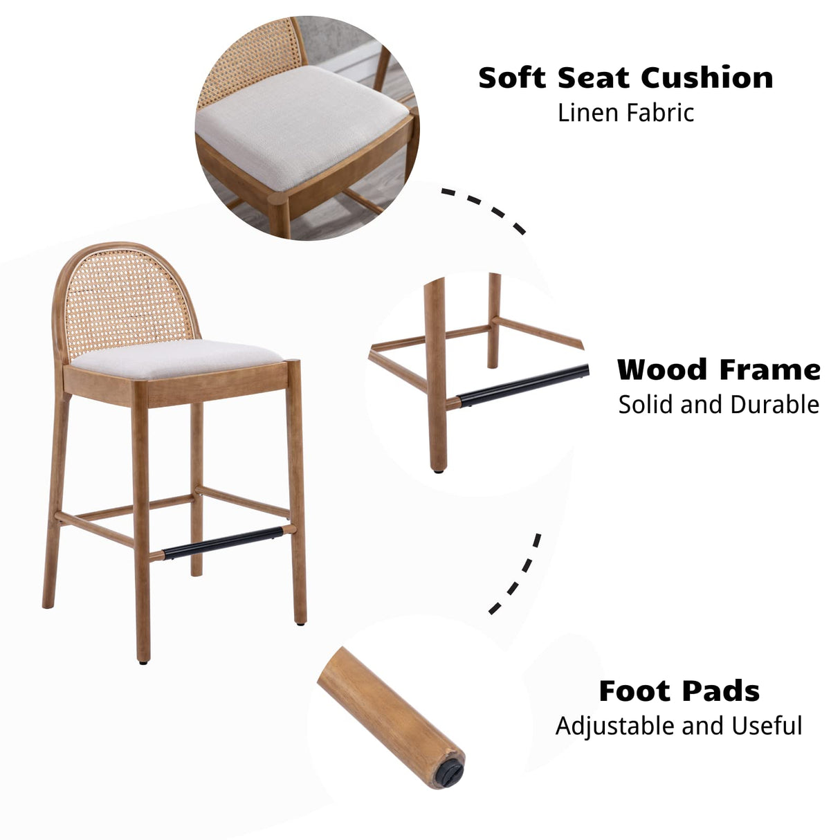 HEAH-YO Modern Bar Stools Set of 2, 30 Inches Counter Height Bar Stools with Rattan Backrests and Wood Legs, Comfy Linen Fabric Kitchen Stools for Island, Beige HEAH-YO