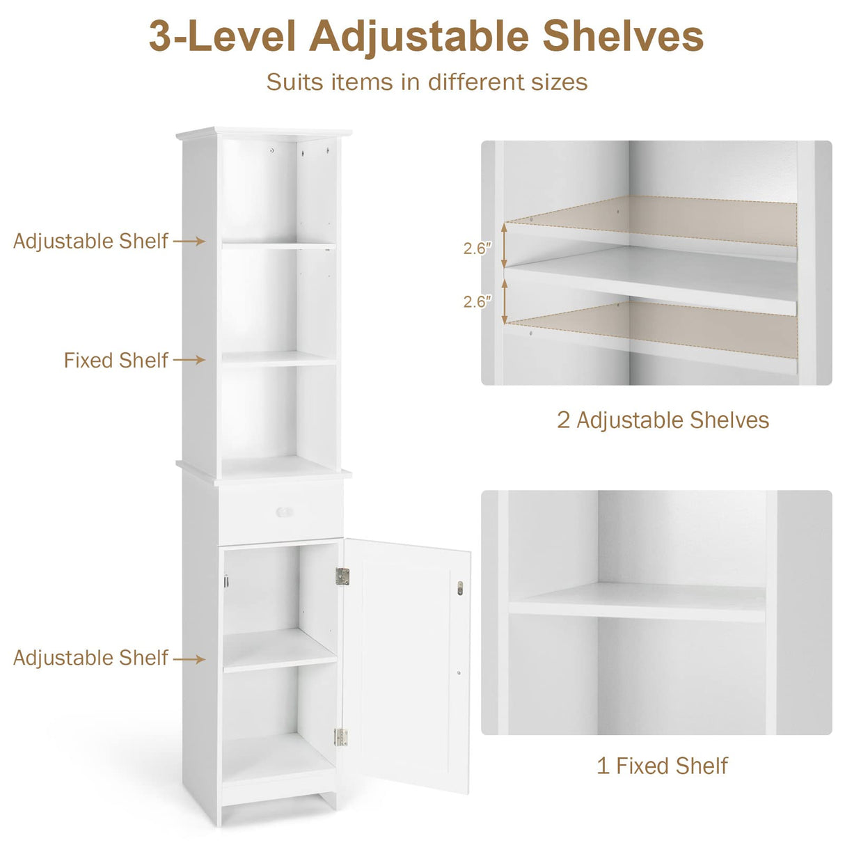 Tangkula Tall Bathroom Cabinet, Slim Storage Cabinet w/ 3 Tier Shelf, Drawer & Enclosed Cabinet, Adjustable Shelves, Narrow Floor Linen Tower for Bathroom Living Room, 13.5 x 12 x 64.5 Inch Tangkula