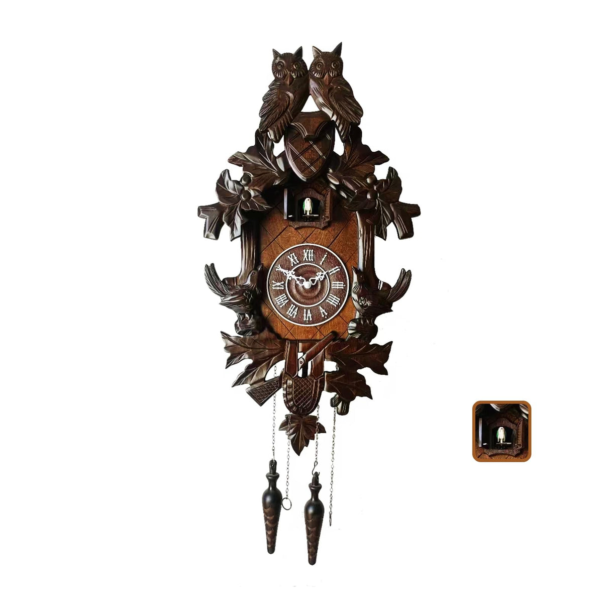 Ninefish Deep Chestnut 21x13 Dual Owl Roof Decorative Cuckoo Clock: Uniquely Beautiful, Illuminate Your Home! Night Mode, Quartz Movement, and Automatic Light Sensor Perfectly Integrated! Ninefish