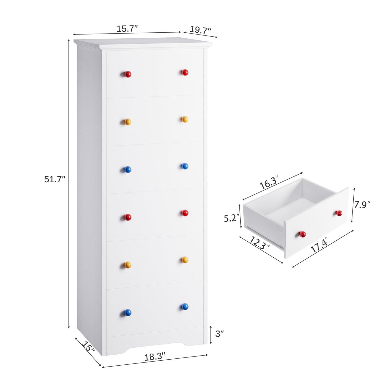 LIKIMIO Small Dresser Tall, 6 Drawer Tall Skinny Dresser with Colorful Handles, Chest of Drawers for Bedroom, 51.5" H Modern Wooden Floor Storage Cabinet with Metal Sliding Rail, White LIKIMIO