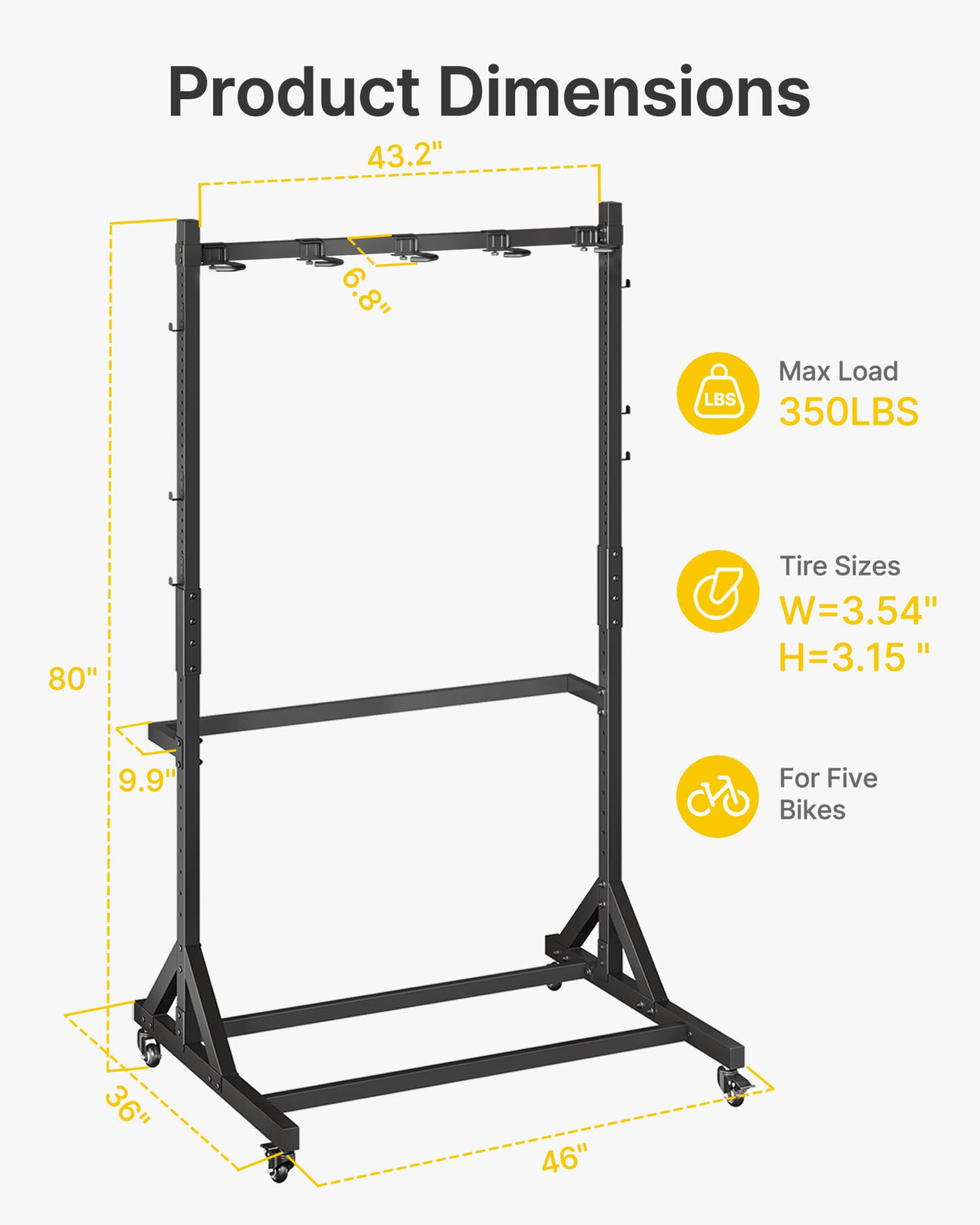monTEK Freestanding Bike Storage Rack for 5 Bikes, Heavy Duty 350LBS Vertical Bike Stand with 5 Bike Hooks & 6 Helmet Hooks, Indoor and Outdoor Bike Storage Rack with Locking Casters monTEK