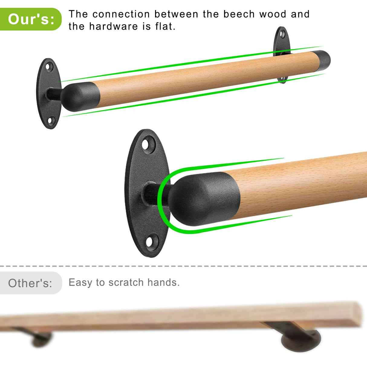 SELEWARE 26 Inch Wood Handrail Indoor Stairs Handrail Wall Mount Handrail w/Sturdy Metal Barckets, Barrier-Free Staircase Grab Bar for Elderly, 1.3 Inch Round SELEWARE