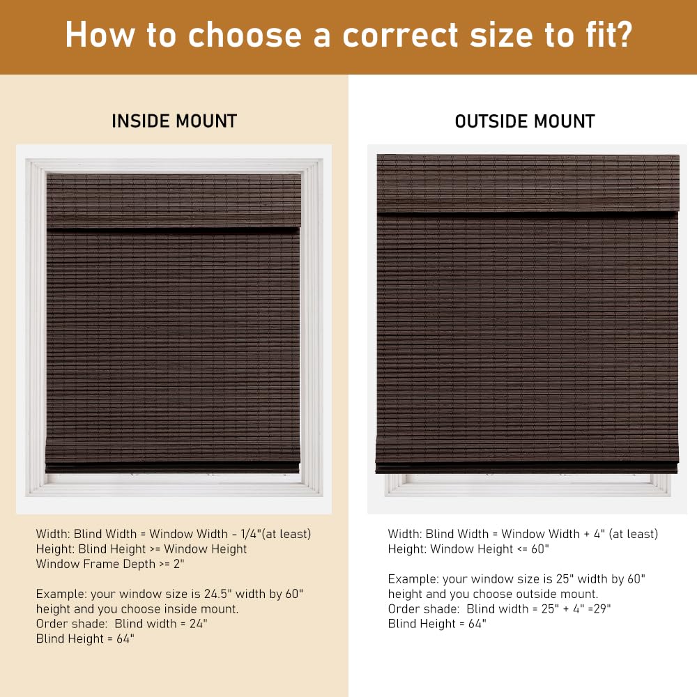 SEEYE Cordless Bamboo Roman Shades, Blackout Natural Bamboo Blinds for Indoor Windows, Roll Up Blind Privacy Shade for Home, Office, Door, UV Resistant & Easy to Install, 36" W x 64" H, Brown SEEYE