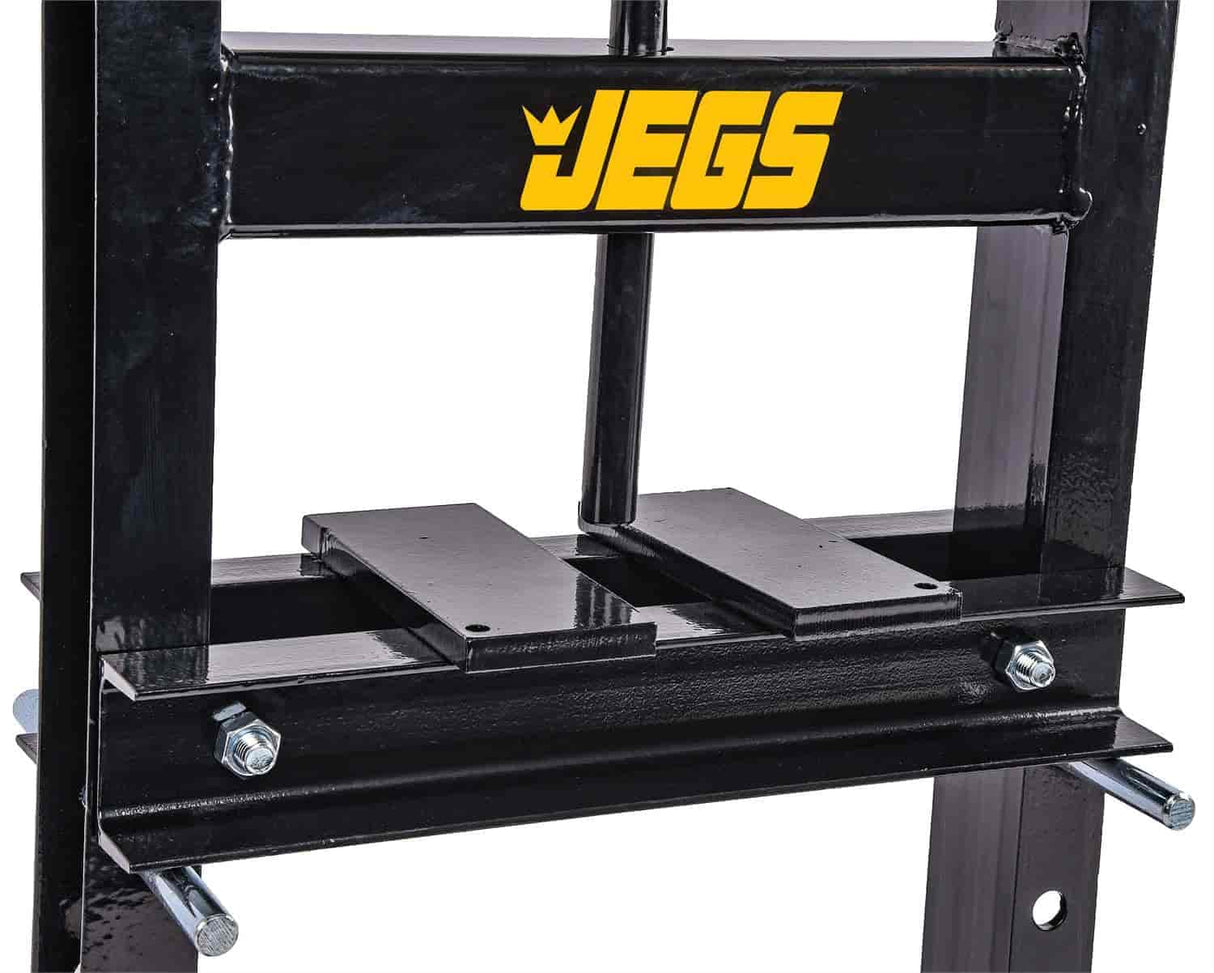 JEGS 6 Ton Hydraulic Shop Press - Lever-Action, Bench Top Hydraulic Press - Up to 18-Inch Working Range - Includes 2 Press Plates - Back Steel with JEGS Logo JEGS