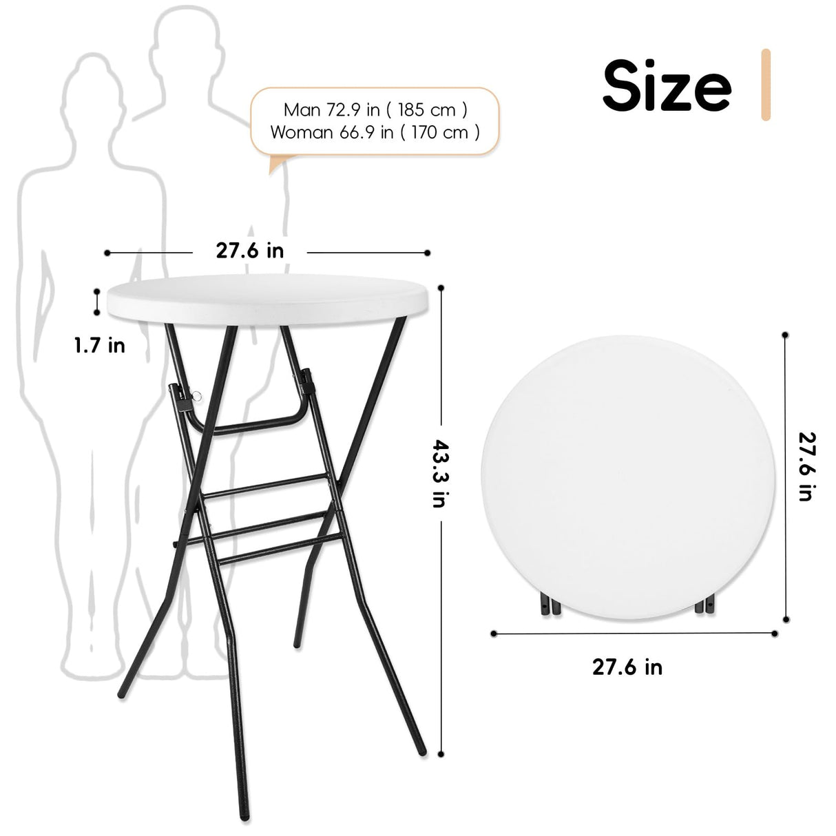 Cocktail Table 28in Portable Folding Bar Height Table, Compact Round High Top Plastic & Steel Bistro with Removable Legs, for Indoor Outdoor RV Patio Catering Parties Commercial Events pollilar