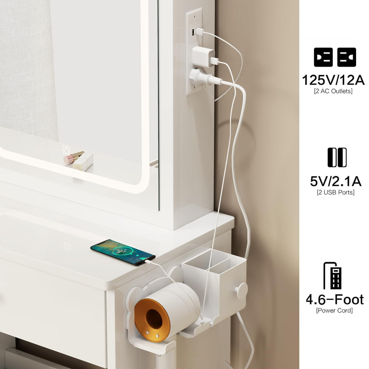 Edamon Vanity Desk with Lights and Chair, 2 AC+2 USB Power Station and Hair Dryer Bracket, Extra Large Touch Control Sliding LED Mirror, 3 Lighting Modes,Brightness Adjustable White Vanity (white, A) Edamon