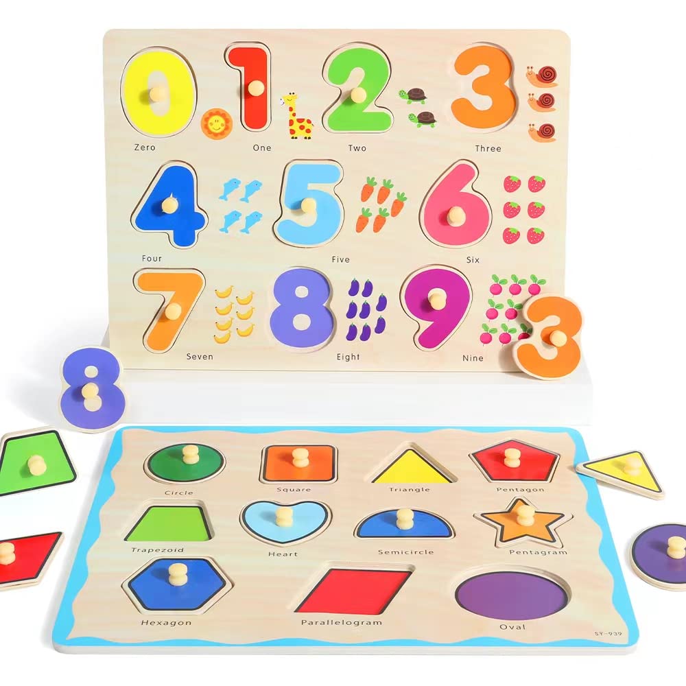 GRINNNIE Wooden Montessori Toddler Puzzles for 1 2 3 4 Years Old, 3 Pcs (Number, Letter, Shape) Kids Preschool Educational Peg Puzzle Set GR GRINNNIE