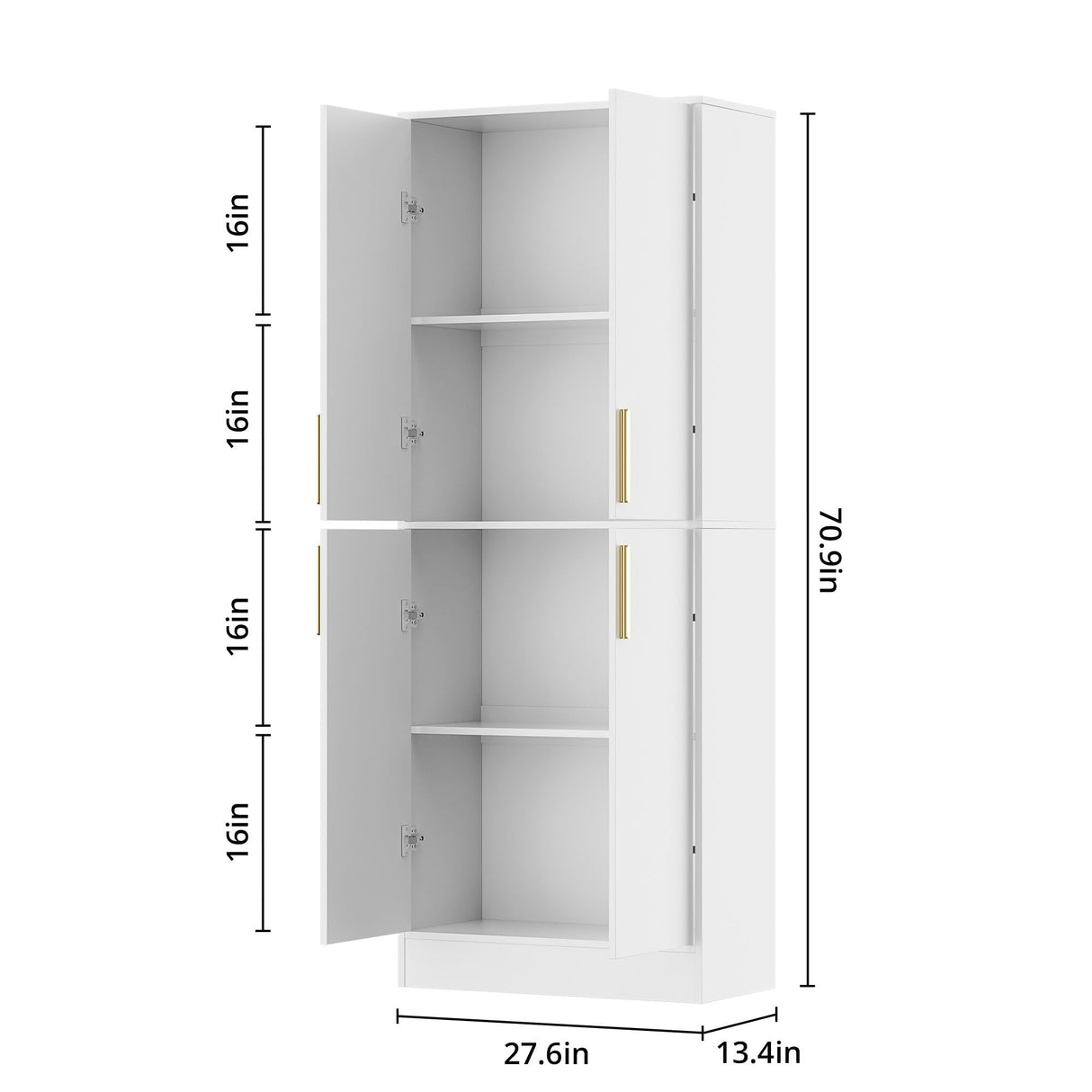 Housoul 71" Tall Pantry Cabinet with 4 Doors, Kitchen Pantry Storage Cabinet, Freestanding Larder Cupboard, Kitchen Hutch, Utility Pantry with Gold Handles for Dining Room, Bathroom, White Housoul