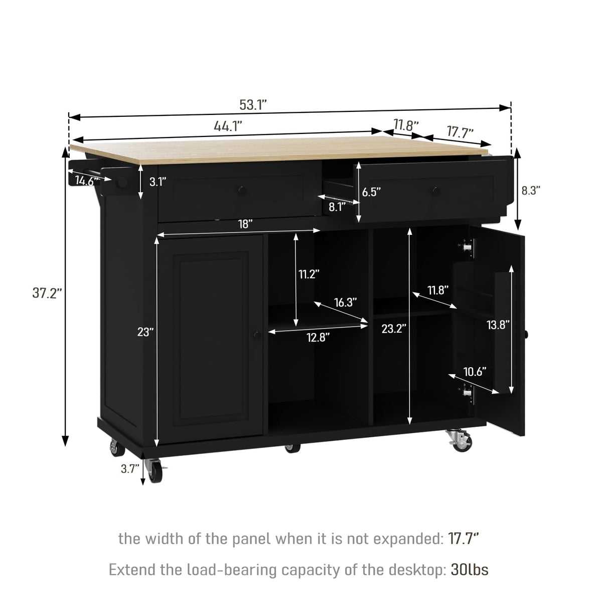 Coolove Kitchen Island with Storage on Wheels, 53" Large Rolling Kitchen Island with Drop Leaf, Mobile Kitchen Islands Cart with 2 Drawers, Bamboo Countertop Islands Table with Towel Spice Rack, Black Coolove