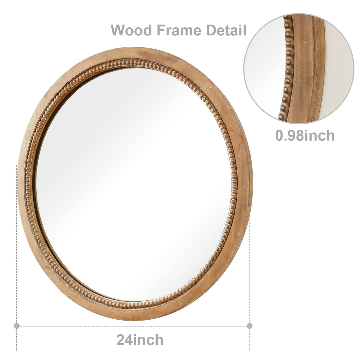 Sawsile Round Decorative Circle Farmhouse Style Mirror - 24inch Rustic Natural Wooden Frame Beads for Bedroom, Bathroom, Living Room or Entryway sawsile
