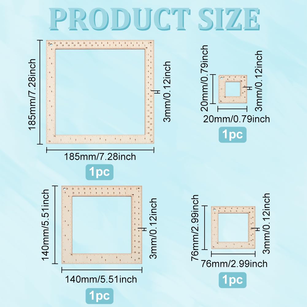 FINGERINSPIRE 4 Pcs Square Wood Knitting Gauge Rulers 0.78/3/5.5/7.3inch Wooden Knitting Gauge Swatch Ruler Knitting Heedle Gauge Measuring Tool Sets for Crochet Measurement Tool for Knitters FINGERINSPIRE