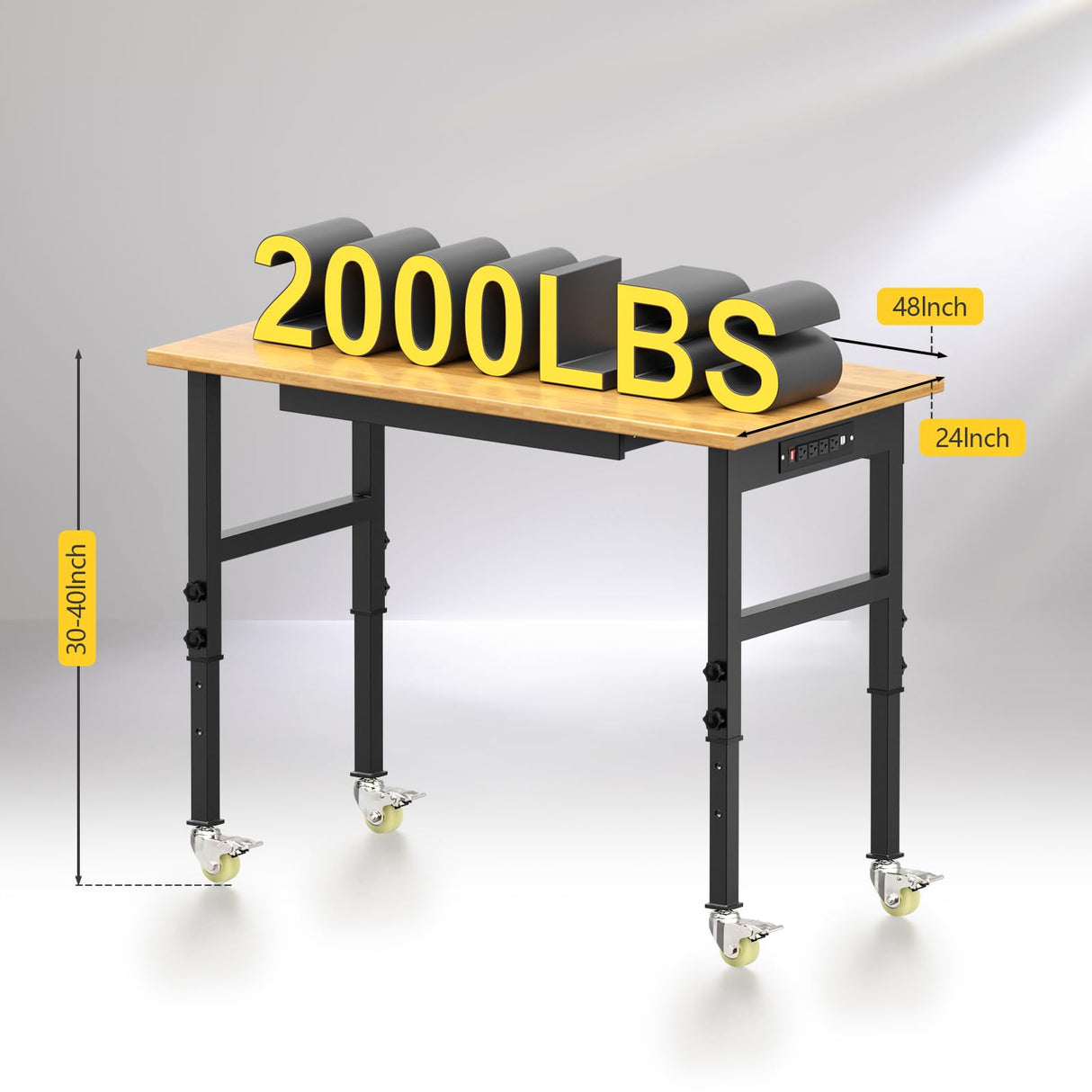 48" Adjustable Height Heavy Duty Workbench Rubber Wood Top Rolling Work Bench with Power Outlet Drawers and Wheels 2200 Lbs Capacity Hardwood Worktable for Garage, Workshop, Office, Home OAKANDO