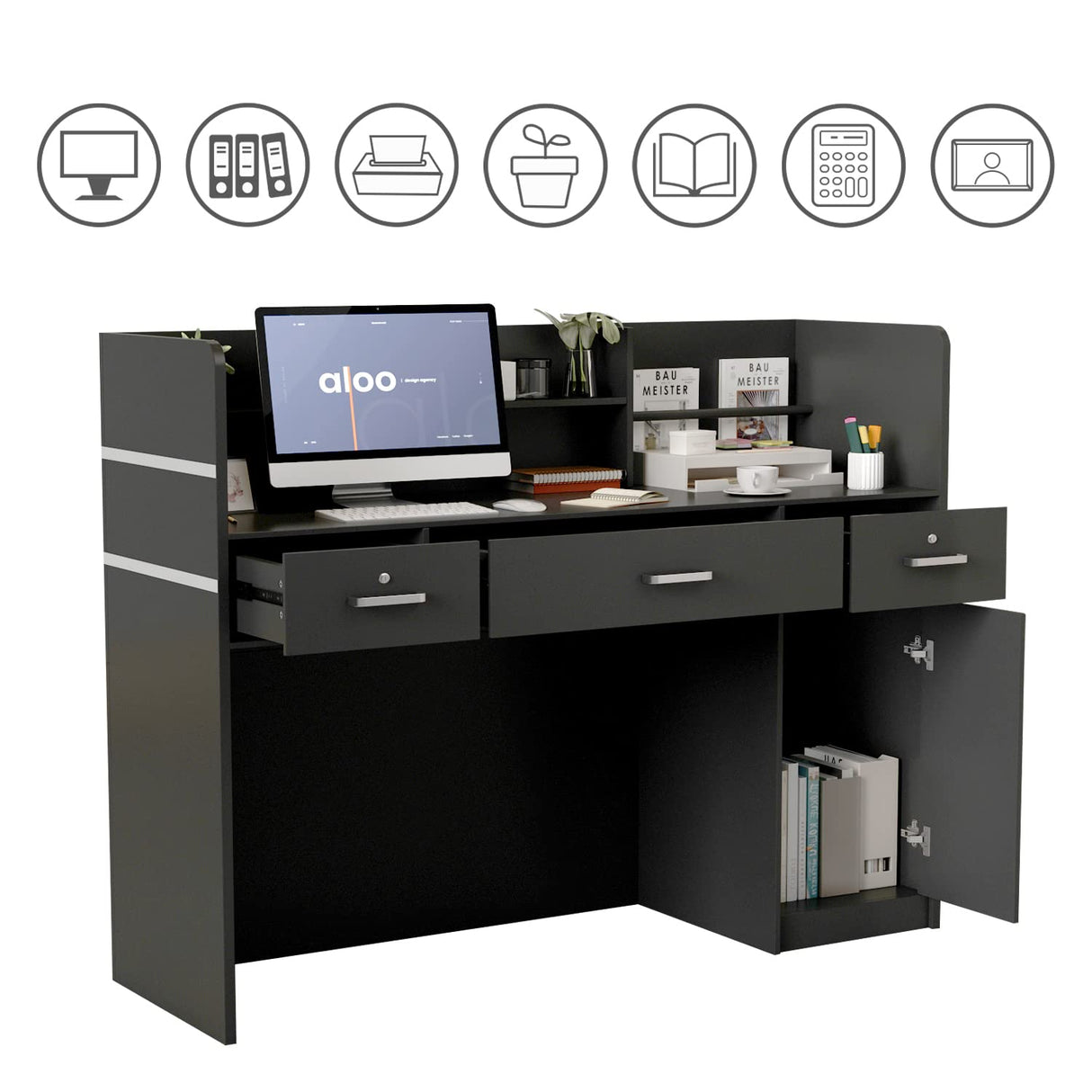 AGOTENI Reception Desk Reception Stations with Open Shelf & Drawers, Wooden Counter Desk with Lockable Drawer for Office Reception Room (Black) AGOTENI