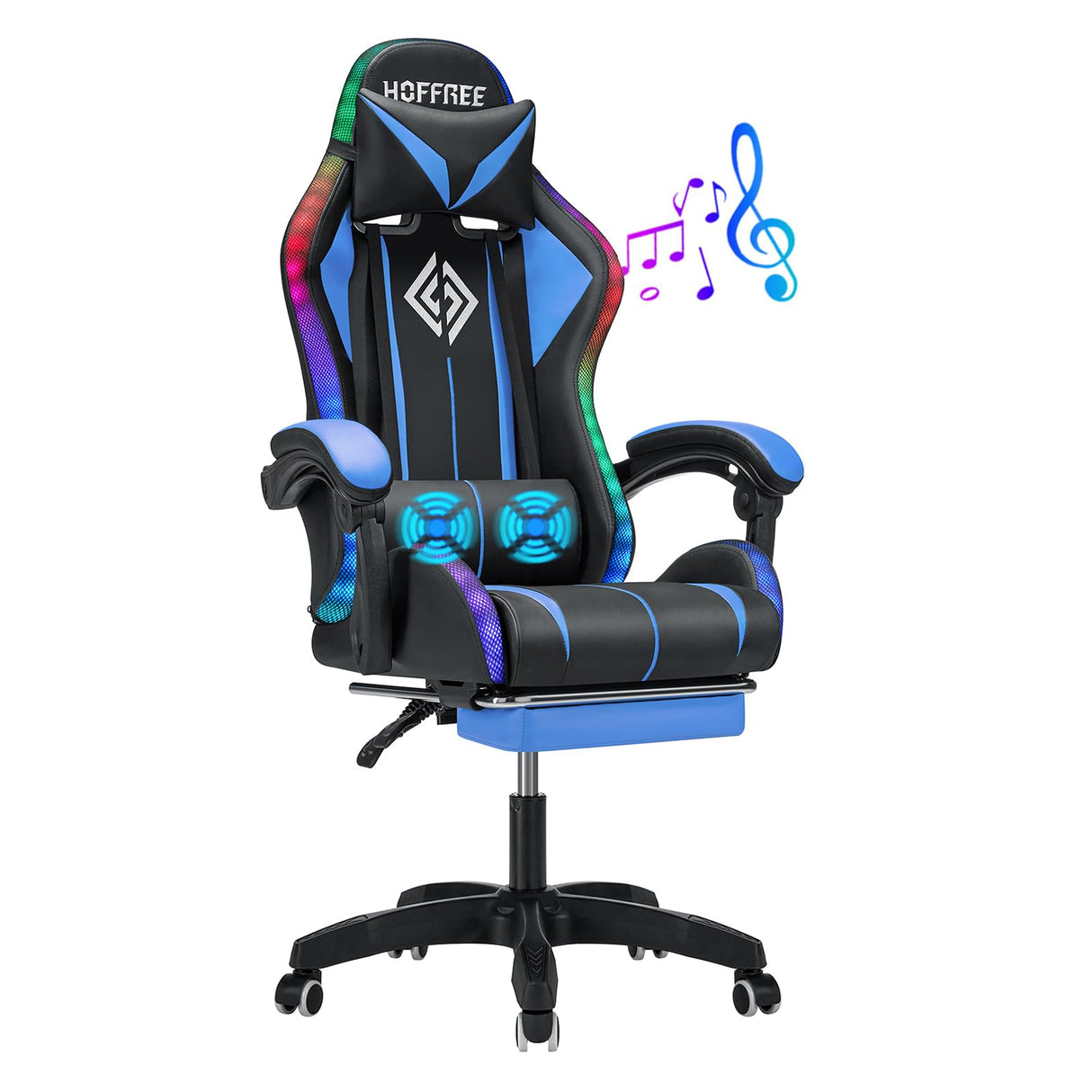 HOFFREE Gaming Chair Massage with Bluetooth Speakers Ergonomic Computer Gaming Chair with LED RGB Lights Footrest High Back Music Video Game Chair with Lumbar Support Blue and Black HOFFREE