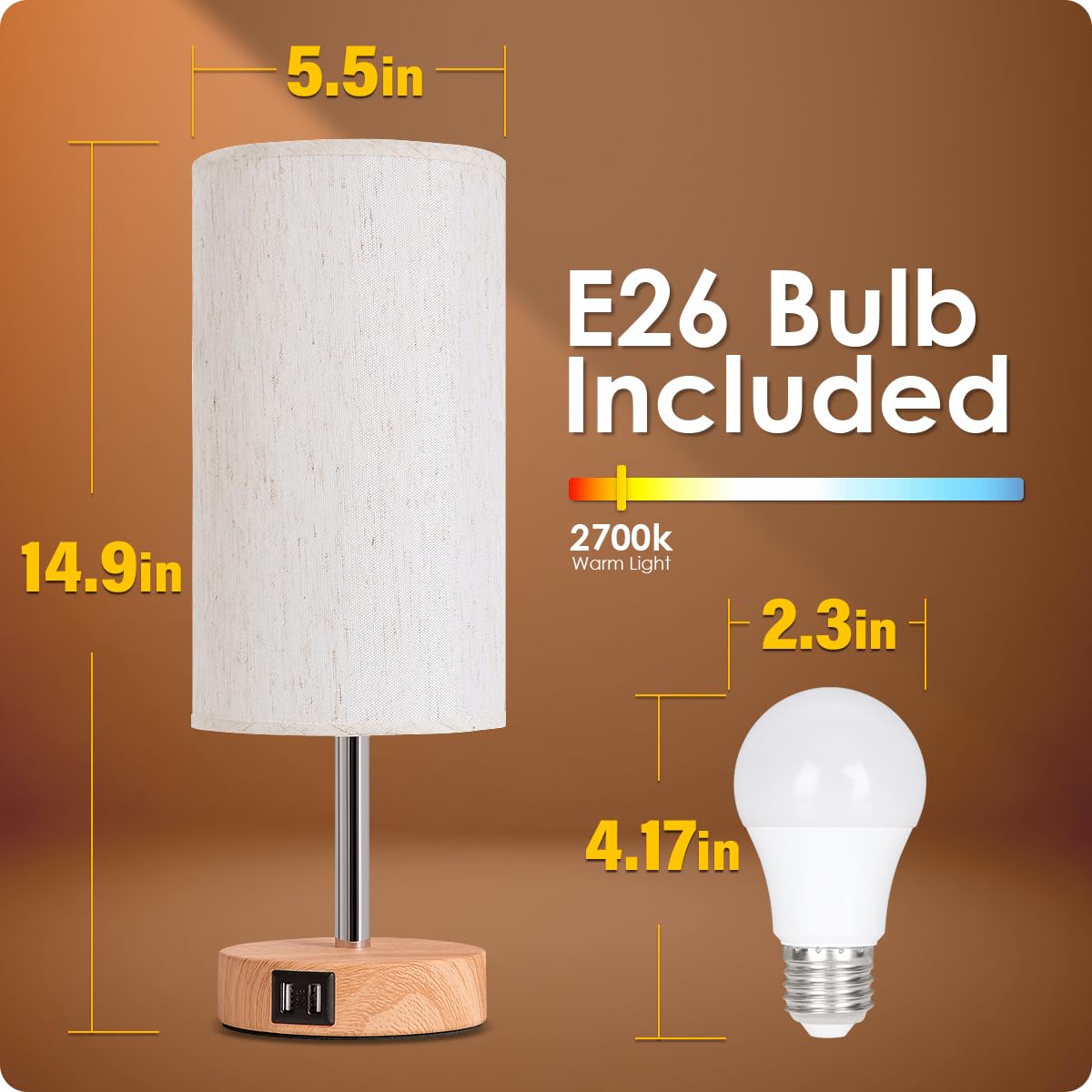 Yarra-Decor Bedside Table Lamp with USB Port - Touch Control for Bedroom Wood 3 Way Dimmable Nightstand Lamp with Round Flaxen Fabric Shade for Living Room, Dorm, Home Office (LED Bulb Included) Yarra-Decor