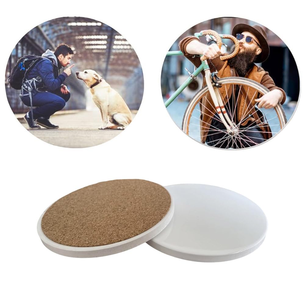 Sublimation Ceramic Coasters Blanks Bulk Round Drinks Coffee Cup Beverage Table Coaster, Absorbent Ceramic Coaster Set, Heat Transfer Cup Coasters for Home Decor with Cork Backing Pads (2PCS) Threenine