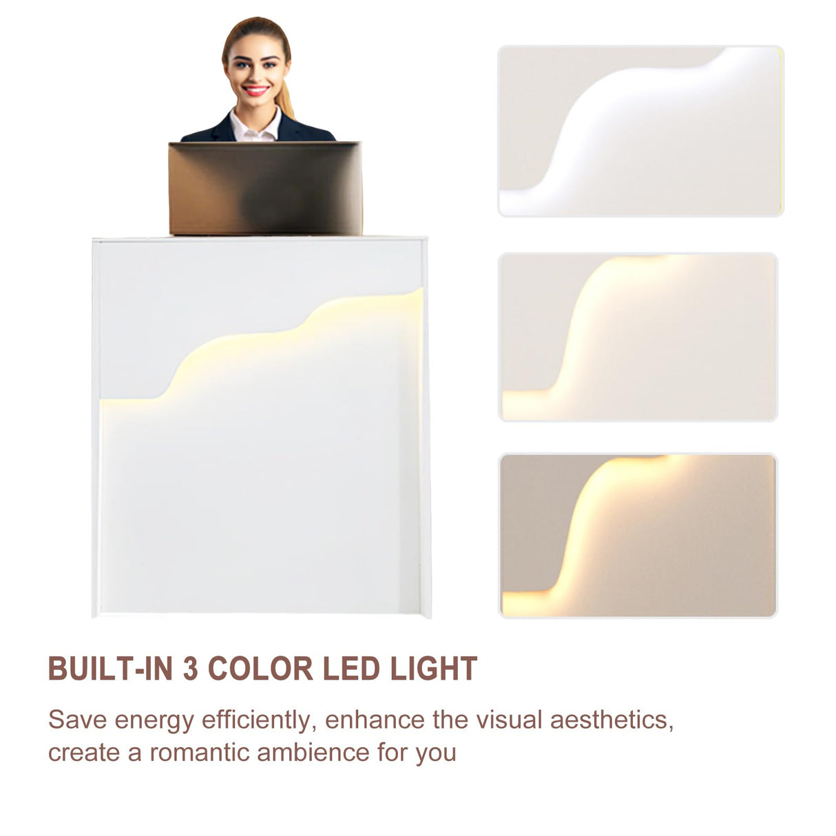 Reception Desk with Counter LED Light, Modern Front Desk with Lockable Drawer, White Retail Checkout Counter for Clothing Store Lobby Beauty Salon (White, 37.8x31.5x15.7in) CDDUOLA