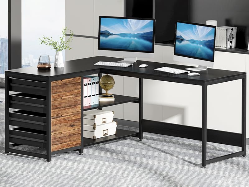 Tribesigns L Shaped Computer Desk with Storage Drawers, 59 inch Corner Desk with Shelves, Reversible L-Shaped Office Desk Study Writing Table Workstation for Home Office, Black Tribesigns