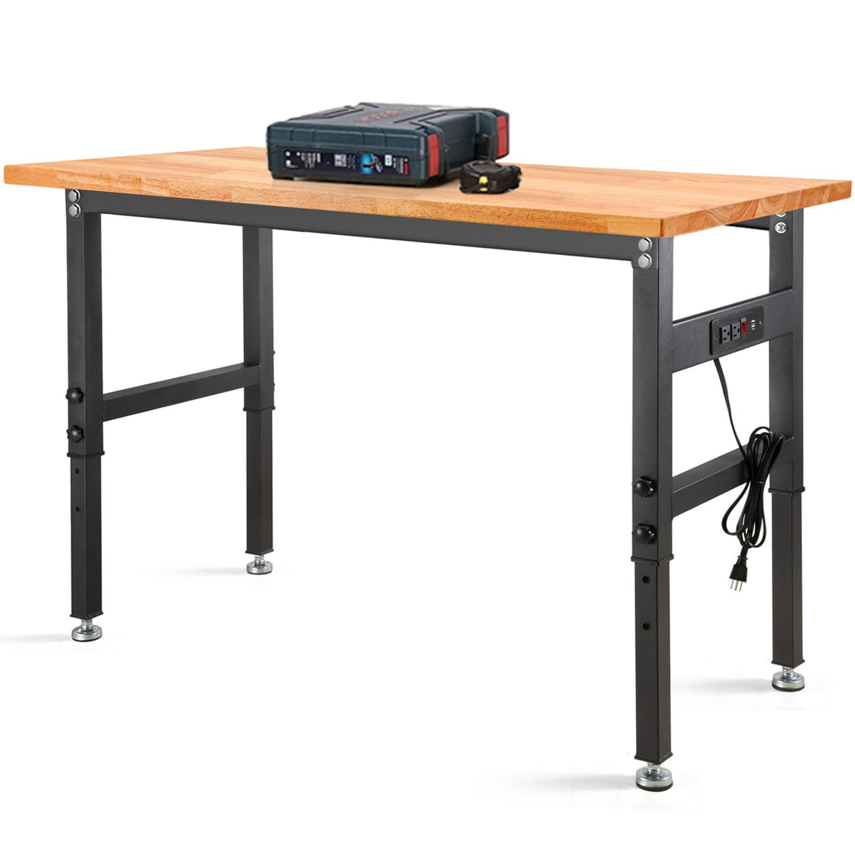 48" Adjustable Workbench, Rubber Wood Top Heavy-Duty Workstation, 2000 LBS Load Capacity Hardwood Worktable with Power Outlets for Garage, Workshop, Office, Home HONRISE