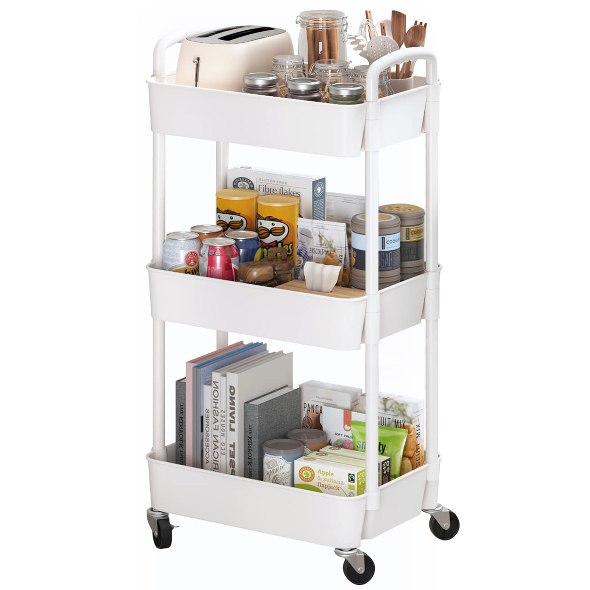 Sywhitta 3-Tier Plastic Rolling Utility Cart with Handle, Multi-Functional Storage Trolley for Office, Living Room, Kitchen, Movable Storage Organizer with Wheels, White Sywhitta