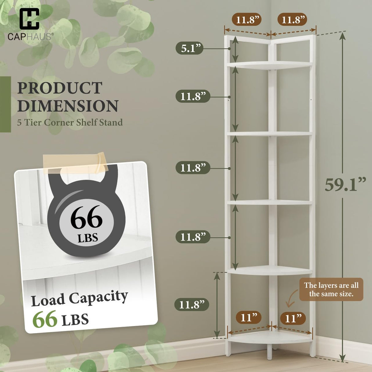 CAPHAUS 5-Tier Corner Shelf, Tall 59.1-Inch White Metal Frame Display Rack, Bookshelf Unit for Bathroom, Living Room, Home, Office CAPHAUS