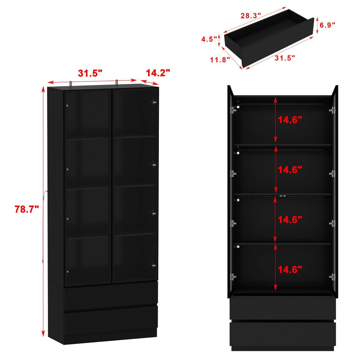 FAMAPY Display Cabinet with 2 Glass Doors and Lights, Display Case Cabinet with 4-Tier Storage Shelves and 2 Drawers, Pop-up Design, for Collectibles, Black (31.5”W x 14.2”D x 78.7”H) FAMAPY