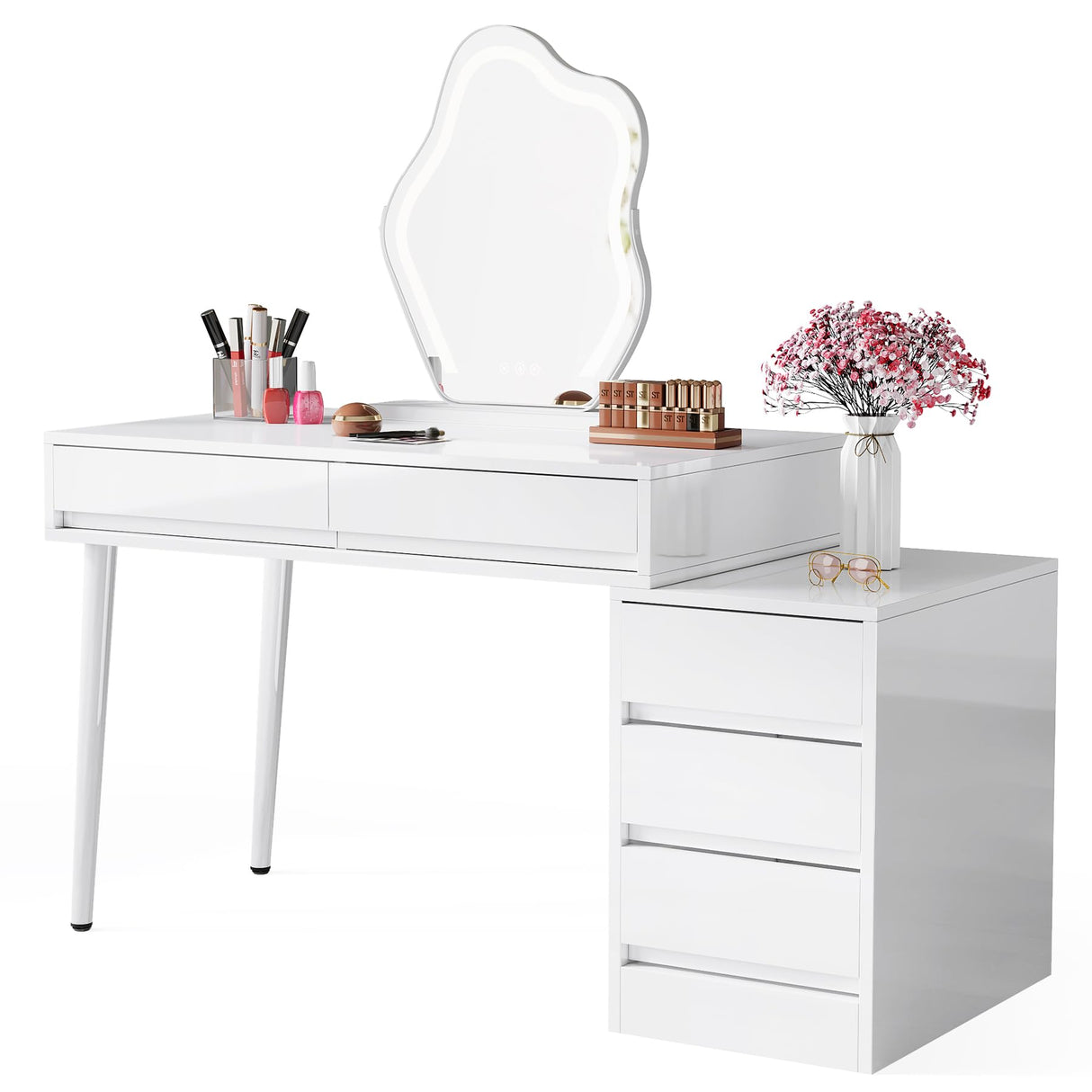 Tribesigns White Desk with 5 Drawers, High Gloss White Modern Home Office Desk with Storage Drawers and Printer Stand, Reversible Computer Desk Vanity Desk for Bedroom, Living Room Tribesigns