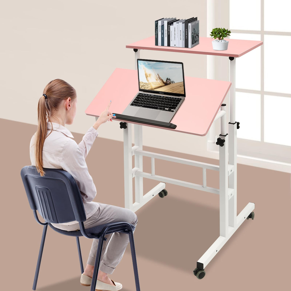YIPONYT Mobile Standing Desk with 2 USB Ports and Outlets, Adjustable Standing Computer Desk, Standing Adjustable Laptop Cart with Wheels, Rolling Desk Laptop Cart (Pink) YIPONYT