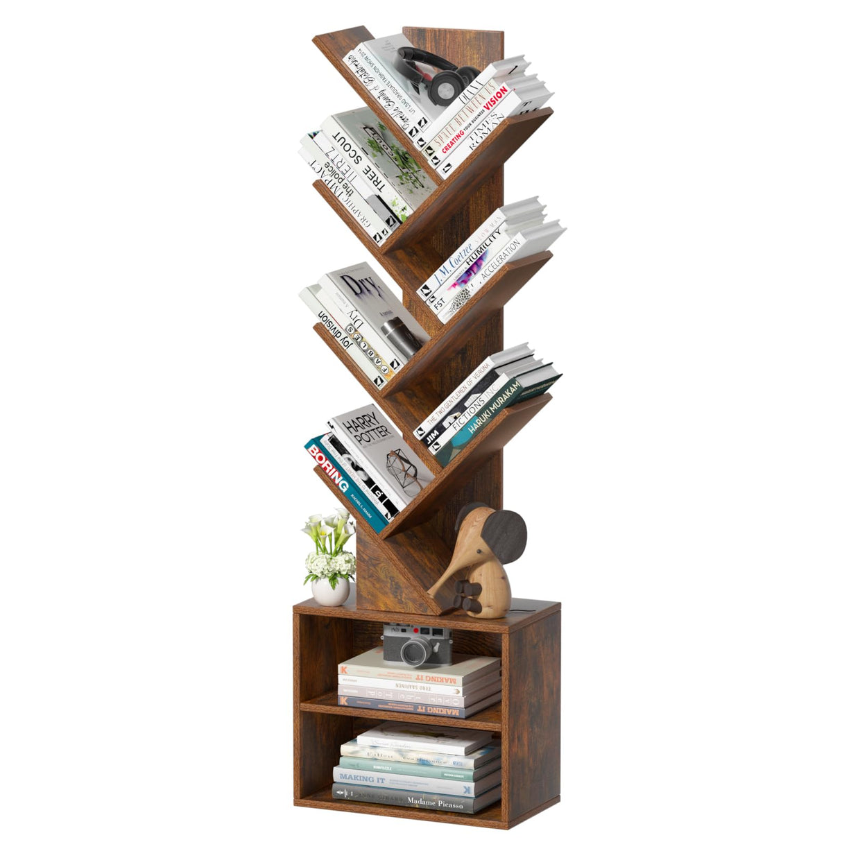 SHEEPAM 10 Tier Tree Bookshelf,Floor Standing Wood Tall Bookcase for Narrow Space, Storage Organizer Bookshelves for Books, Book Case for CDs/Movies/Books,Home Office,Living Room, Bedroom SHEEPAM