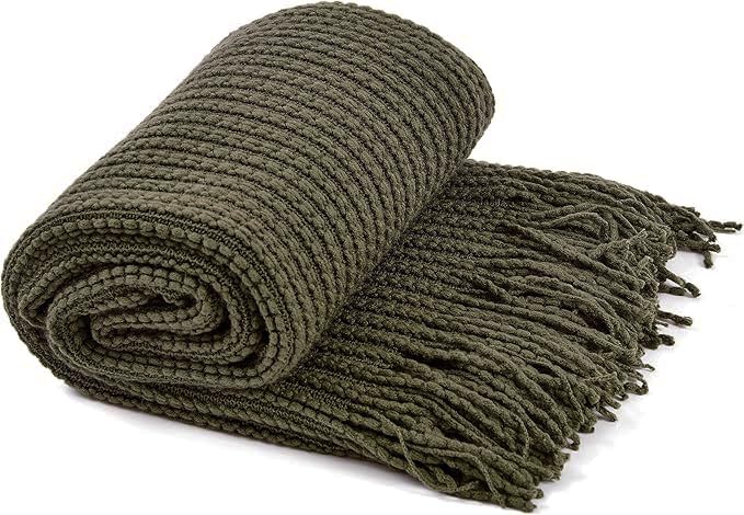 Blagic Knitted Throw Blanket for Couch Soft Farmhouse Boho Throw Blanket with Tassels Home Decorative Lightweight Throw Blankets,Dark Green Throws for Bed/Chair/Sofa, Wheat Textured, 50" W x 60" L Blagic