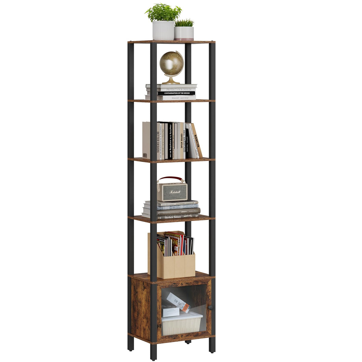 TUTOTAK 6 Tier Brown Bookcase with Door – Versatile Narrow Shelf for Small Spaces TUTOTAK