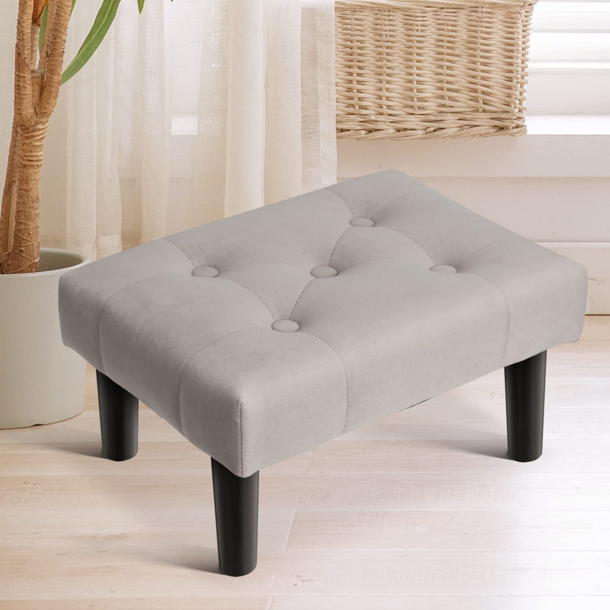 HOUCHICS Small Footstool Ottoman, Velvet Wooden Foot Stool Ottoman with Wood Legs, Sofa Footrest Extra Seating for Living Room Entryway Office(Grey 1PACK) HOUCHICS