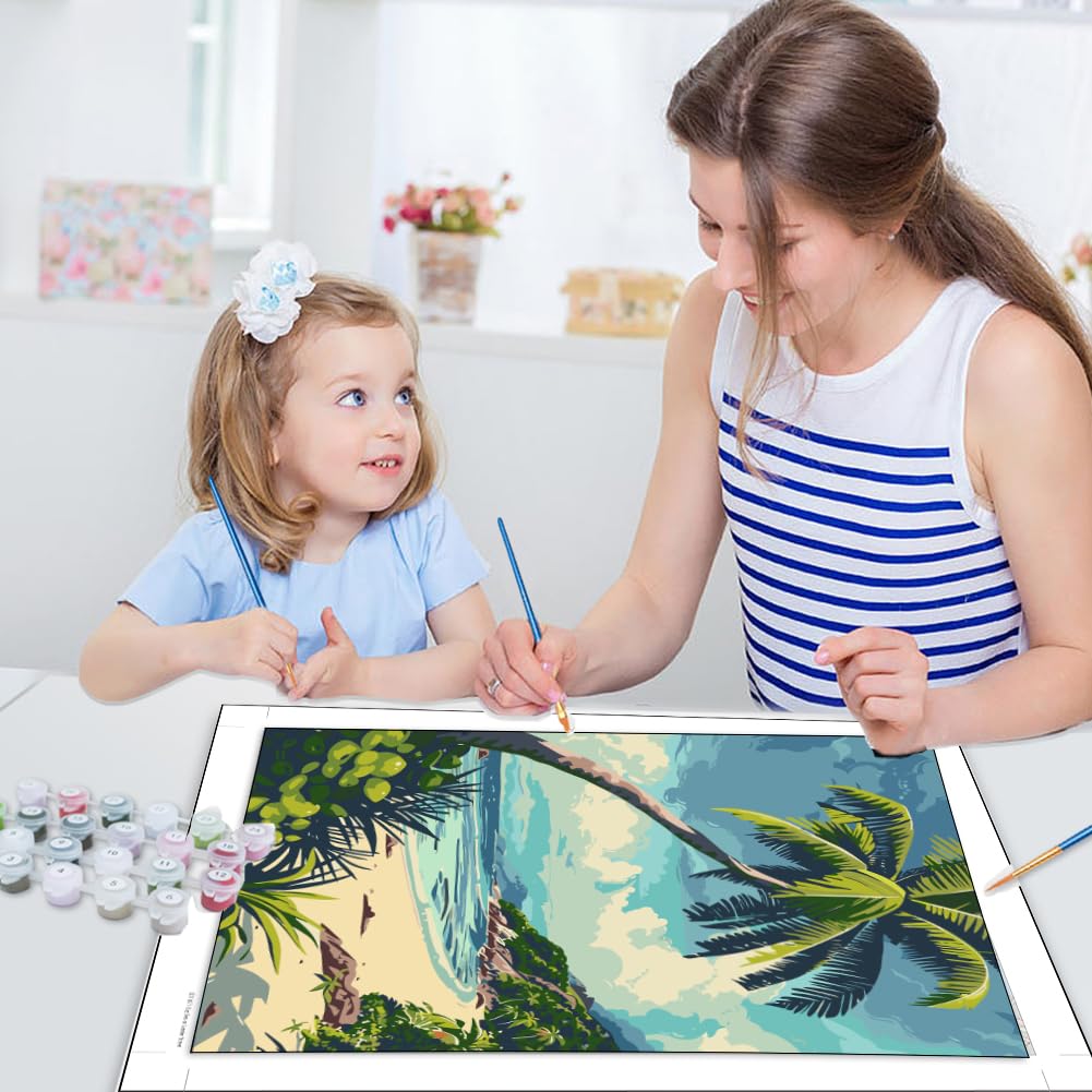 JUJUHOOD Beach Scene with Palm Tree Paint by Numbers Kit for Adults, Beach Adult Paint by Number Kits,DIY Acrylic Paint by Number on Canvas for Home Wall Decor 16X20 Inch JUJUHOOD