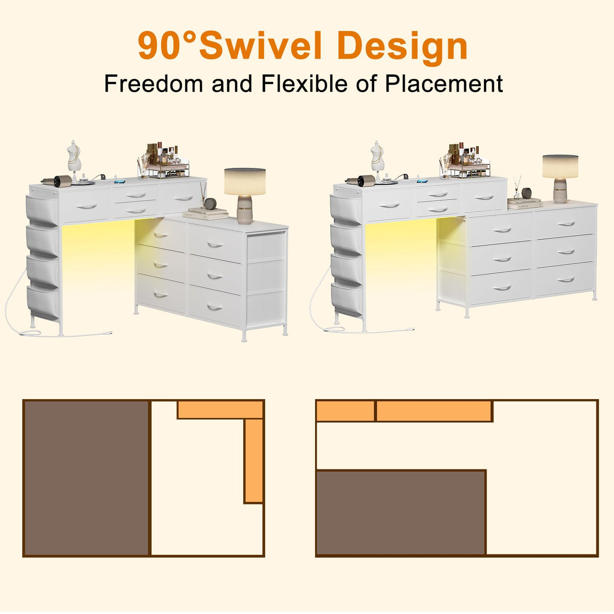 REAHOME Dresser for Bedroom with Charging Station and LED Light, 67" Rotatable Vanity Desk with LED Light and Side Pockets, Makeup Table with 10 Fabric Drawers, Modern Home Office Desks, White REAHOME