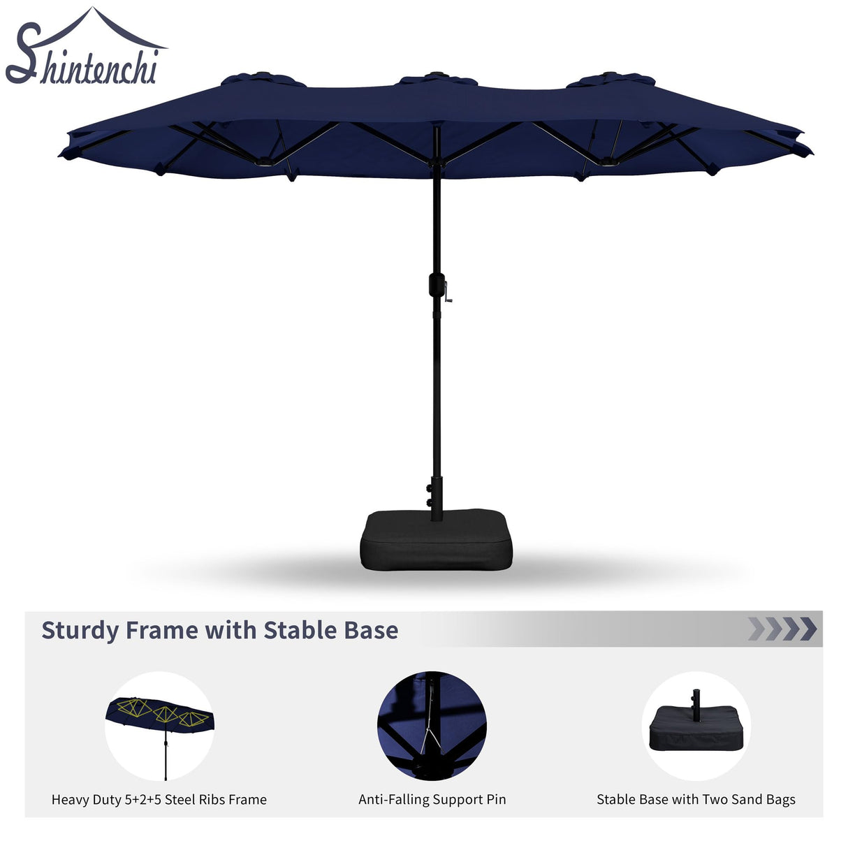 Shintenchi 15FT Large Patio Umbrella with Base, Outdoor Double-Sided Rectangular Umbrella, Market Umbrella with Crank Handle for Poolside Lawn Garden, Dark Blue Shintenchi