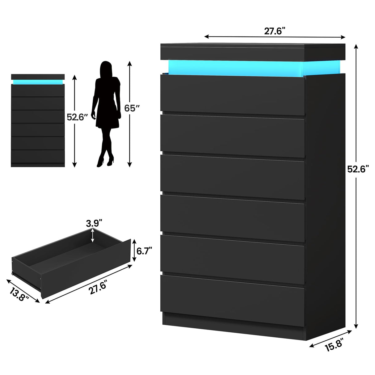 HAUOMS Tall 6 Drawer Dresser with LED Light, Black Modern Chest of Drawers for Bedroom,Closet Dressers with Drawers for Living Room, Entryway, Hallway HAUOMS