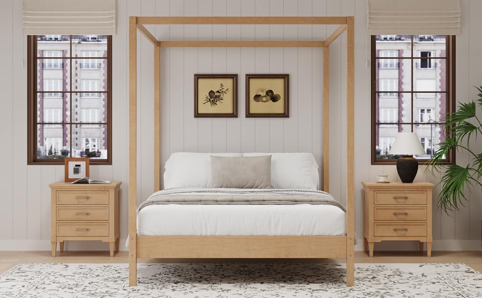Merax Queen Size Canopy Bed with Four Posters, Wooden Platform Bed Frame & 8.3" Storage Space Under Bed, Solid Wood Slats Support, No Box Spring Needed, Easy Assembly, Natural Merax