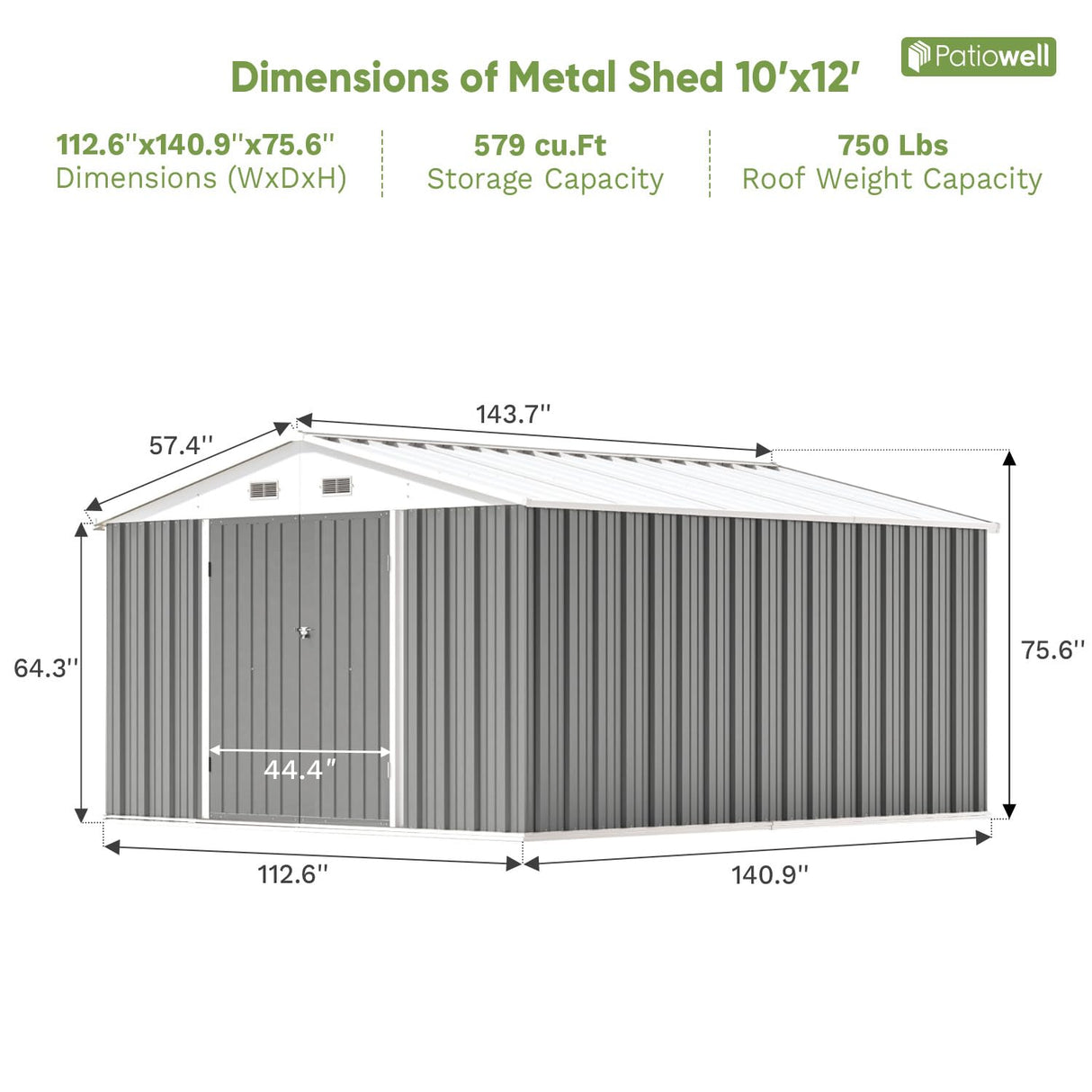 Patiowell 10 x 12 FT Metal Storage Shed for Outdoor, Steel Yard Shed with Design of Lockable Doors, Utility and Tool Storage for Garden, Backyard, Patio, Outside use, Gray Patiowell