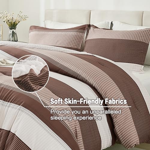 Litanika Brown Comforter Set Full - 3 Pieces Lightweight Brown White Colorblock Stripe Fluffy Bedding Comforter Sets, All Season Bed Set