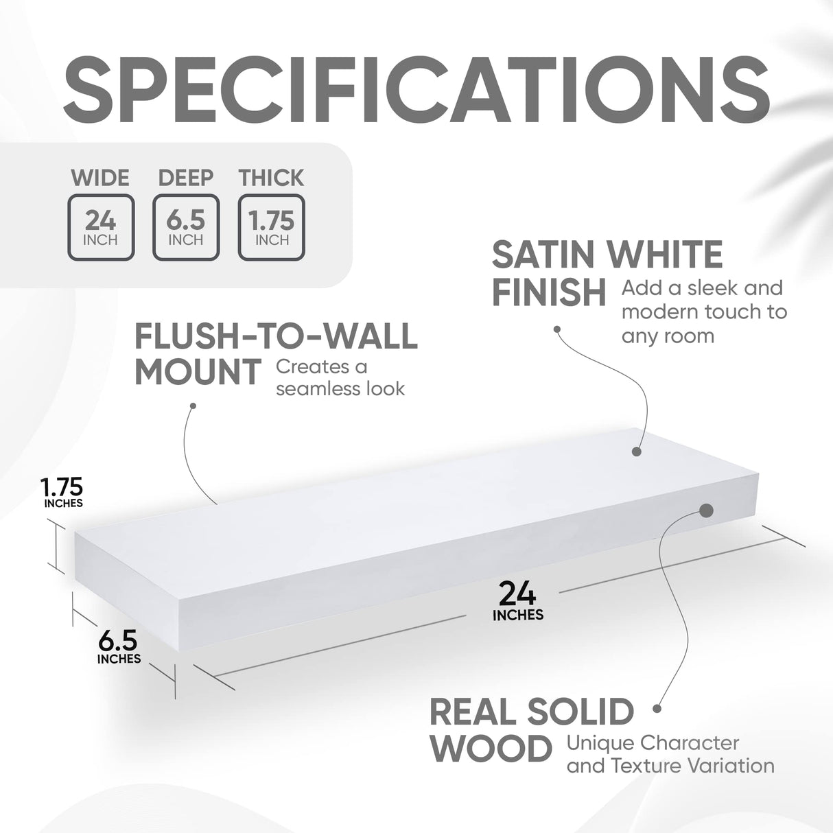 Homeforia White Floating Shelves 24 inch, High End Solid Real Wood 24inch Bathroom Floating Shelf for Wall Mounted, White Wooden 24in Floating Shelves, Heavy Duty Bracket, 24 X 6.5 X 1.75 in, Set of 2 Homeforia