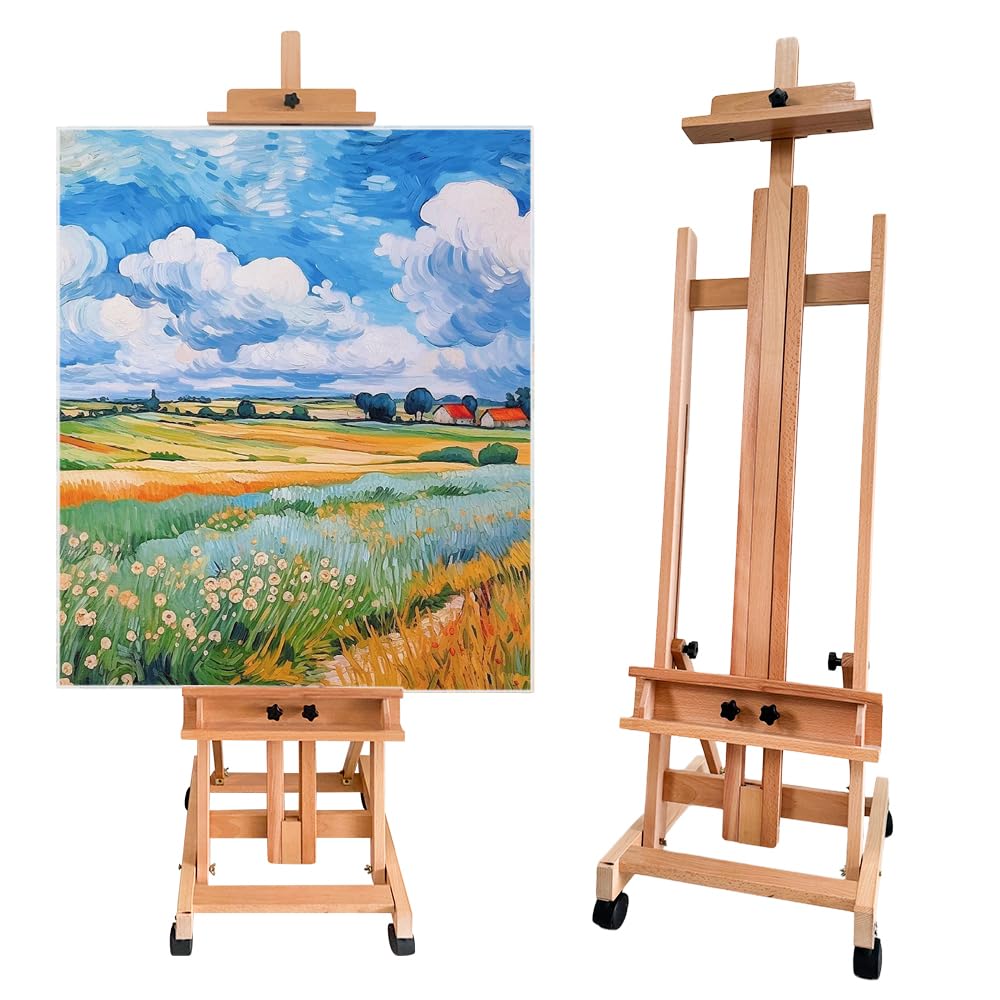 Professional H-Frame Studio Easel, Beech Wood, Height-Adjustable with Wheels, Storage Box, 73-Inch Canvas Capacity (Nature) Generic