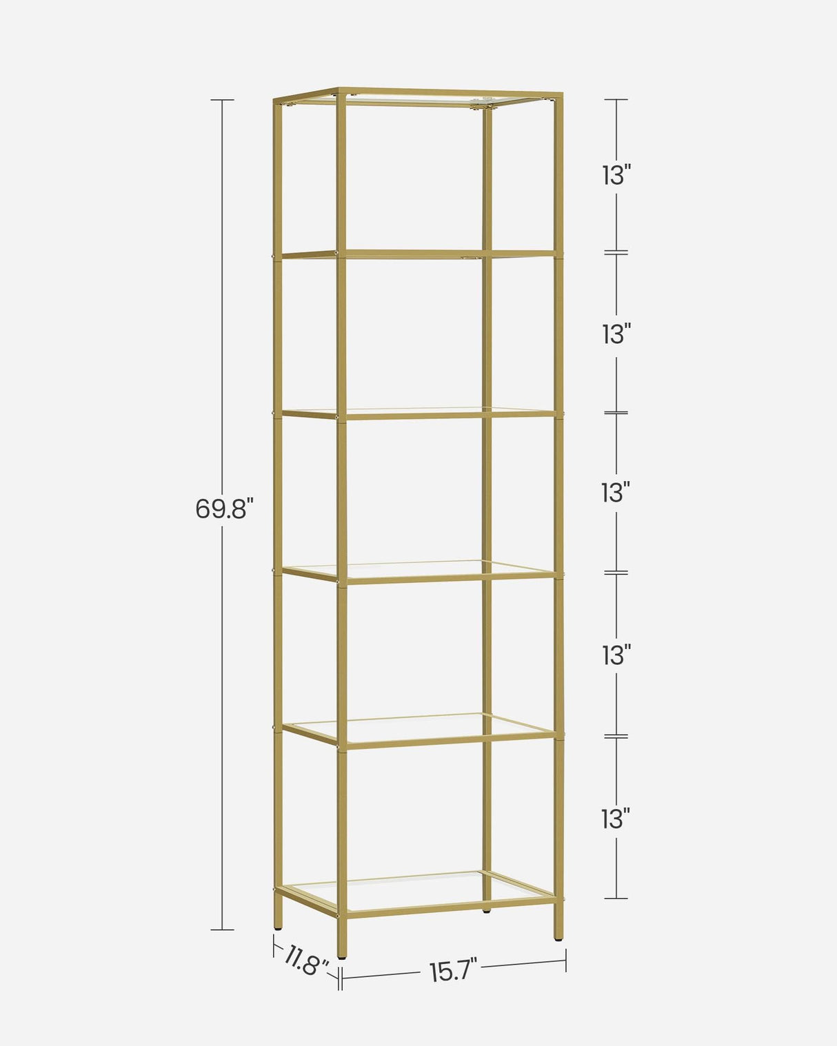 VASAGLE Bookcase, 6-Tier Bookshelf, Slim Shelving Unit for Bedroom, Bathroom, Home Office, Tempered Glass, Steel Frame, Metallic Gold ULGT500A01 VASAGLE