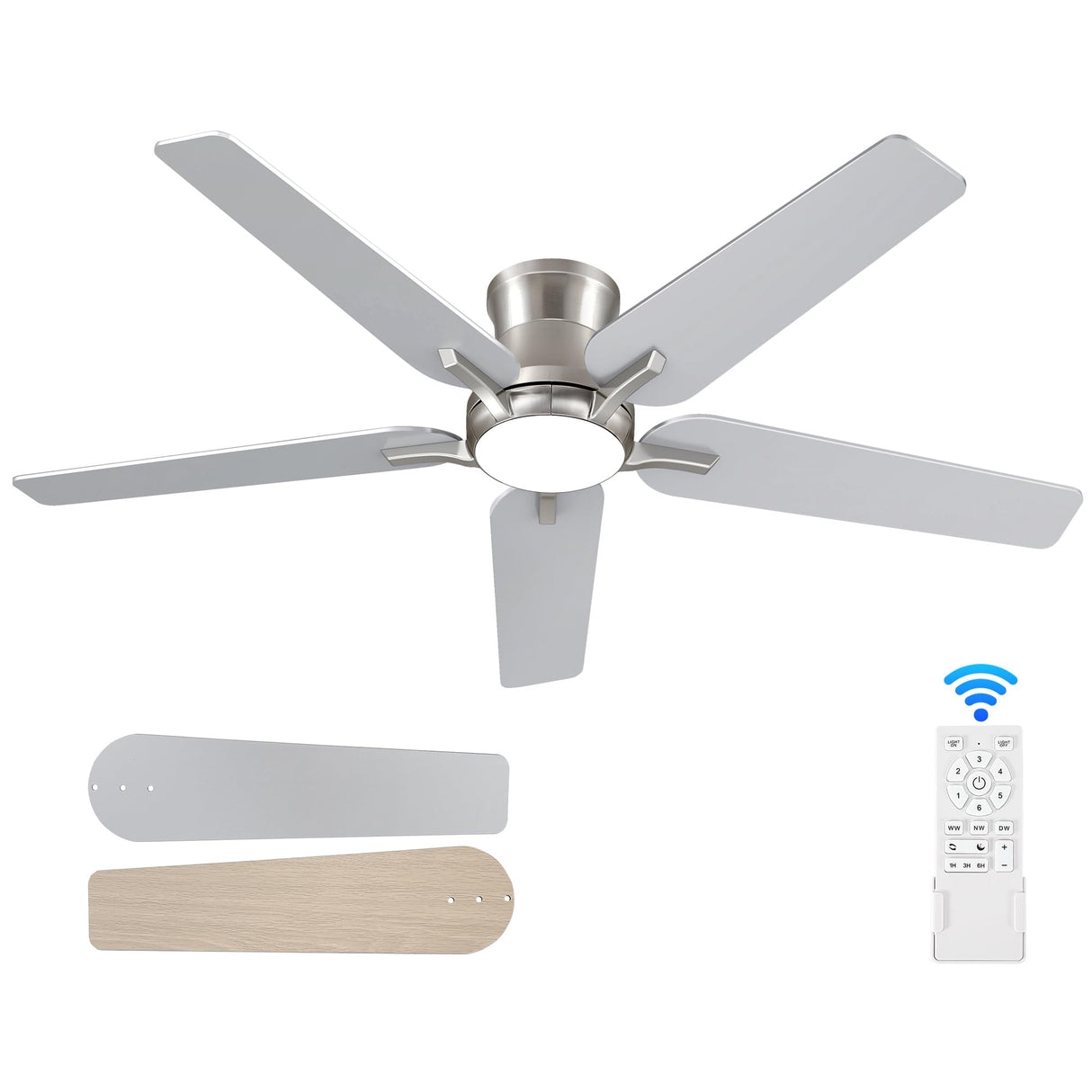 POCHFAN 52 Inch Ceiling Fans With Lights and Remote, Brushed Nickel Flush Mount Low Profile Ceiling Fan for Bedroom, Living Room, Patio, Dimmable 6 Speeds Noiseless Reversible POCHFAN