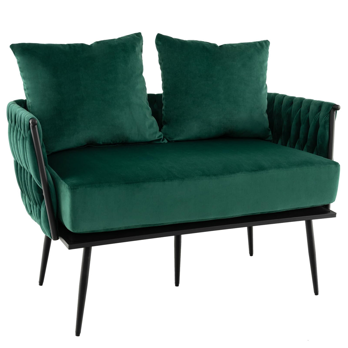 Giantex Loveseat Sofa, Upholstered 2 Seat Sofa Couch with Dutch Velvet, Woven Back and Arms, 2 Pillows, Removable Padded Cushion, 5 Solid Metal Legs, for Living Room Apartment Reception Room (Green) Giantex