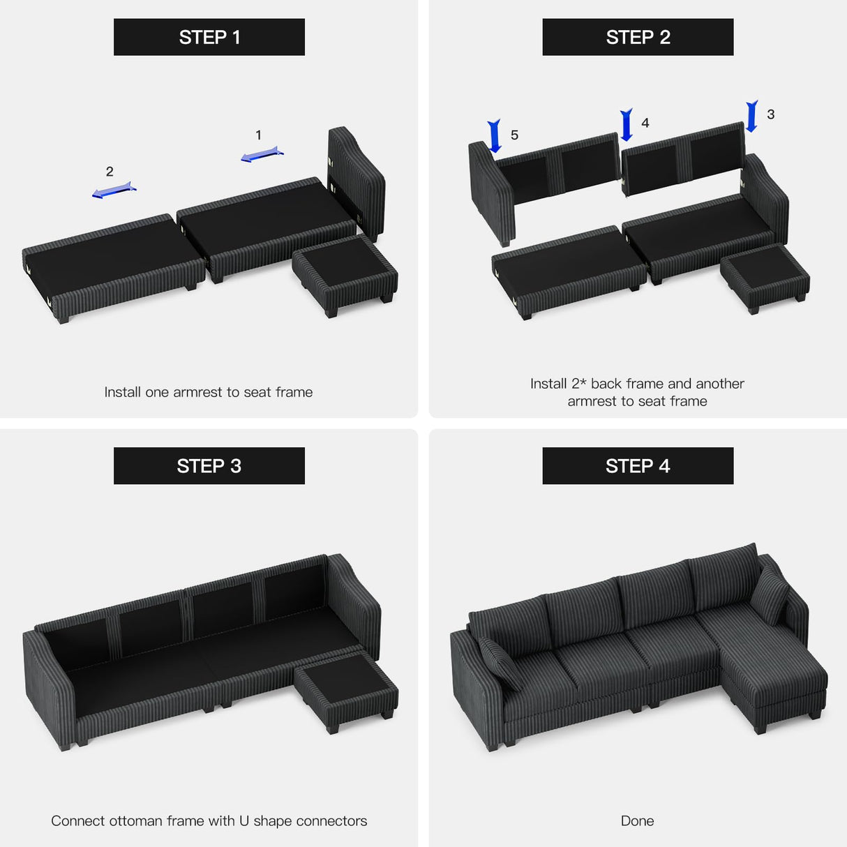 Belffin Sectional Couch with L-Shape Chaise L Shaped Couch with Ottoman Sectional Couches for Living Room Corduroy (Dark Grey, L Shaped) Belffin