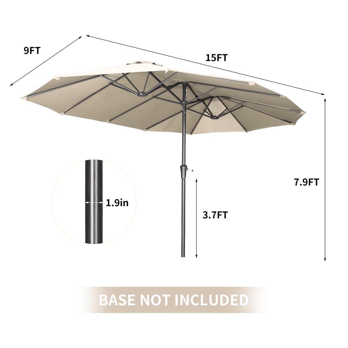 OVASTLKUY 15ft Extra Large Patio Umbrella, Double-Sided Outdoor Market Umbrella with Crank Handle for Poolside, Backyard, Garden, Deck (Khaki) No base OVASTLKUY