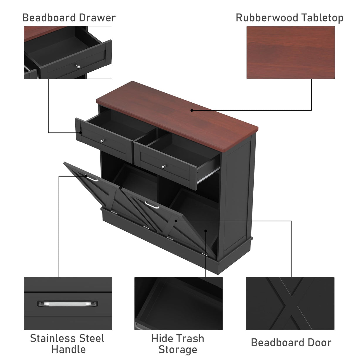 Betterhood Double Tilt Out Trash Cabinet 20 Gallon Wooden Free Standing Laundry Sorter Cabinet,Recycling Cabinet with Hideaway Drawer,Tilt Out Trash Cabinet Can Bin Kitchen (Black) Betterhood